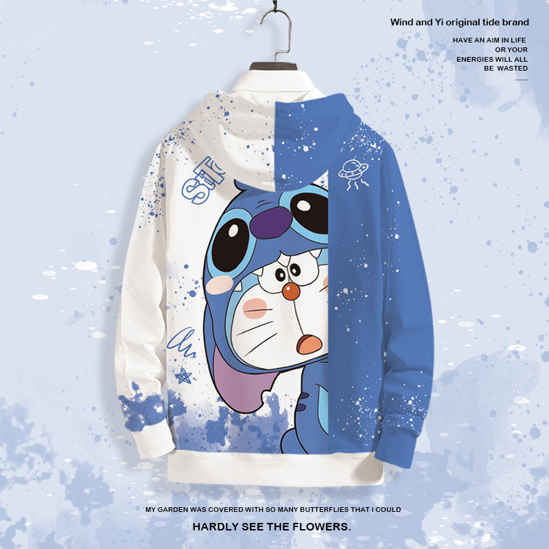 2024新款连帽卫衣男春秋季外套哆啦A梦史迪仔联名卡通图案上衣服