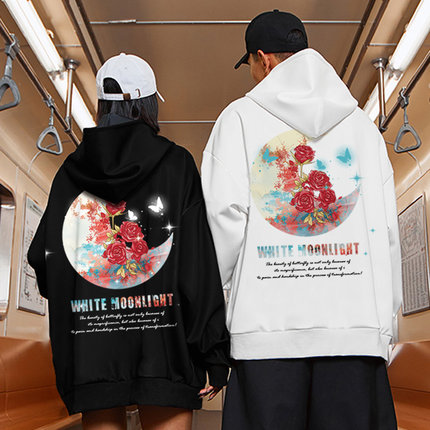月亮图案连帽卫衣男秋冬外套加绒潮流高级感山茶花大码情侣款衣服