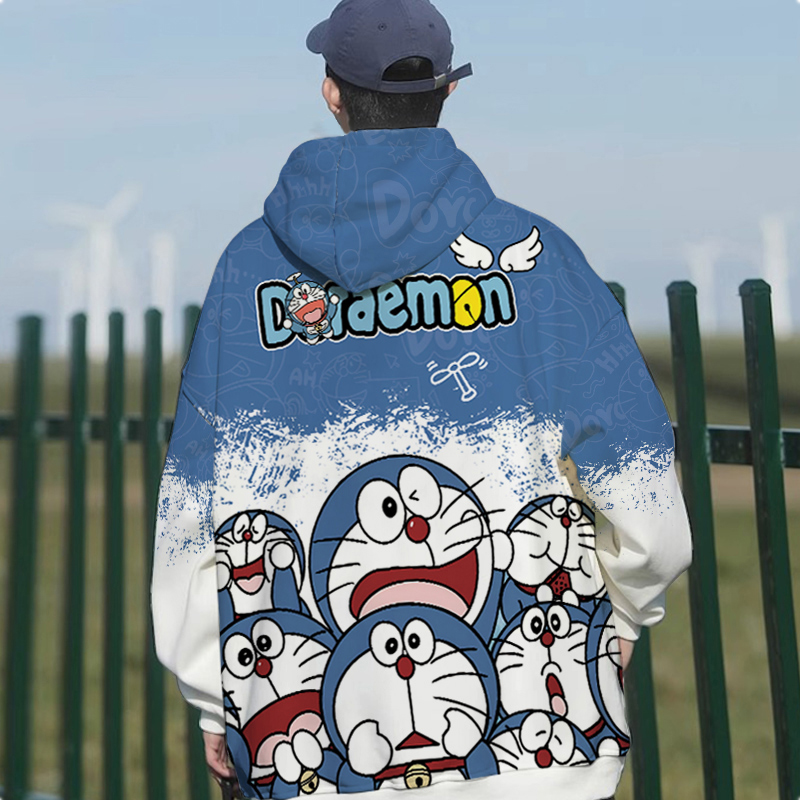 哆啦A梦联名机器猫动漫周边男女情侣款连帽卫衣秋季新款宽松大码