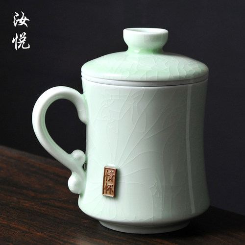 汝窑杯子陶瓷带盖带茶漏情侣茶杯