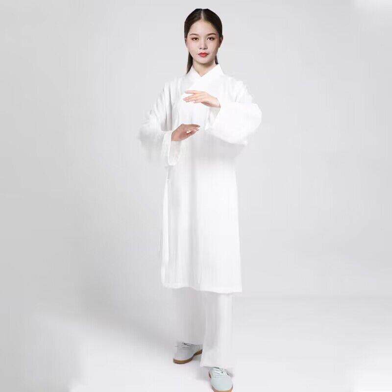 新款夏季新款太极服男女中长款三宝领太极拳练功服亚麻白色武术服