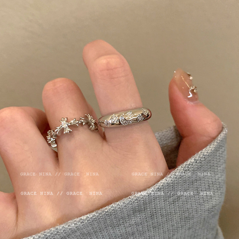 冷淡风~银色锆石十字架戒指女小众设计ins轻奢食指戒个性情侣对戒