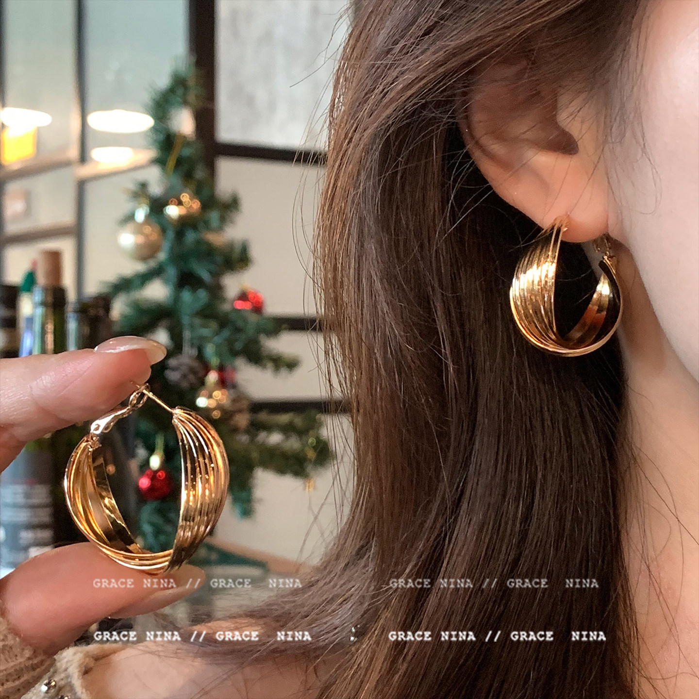 金色几何素圈耳环女高级感轻奢图片