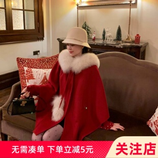 小个子连帽毛领毛呢外套女短款红色大衣冬季春节新店战袍新娘斗篷
