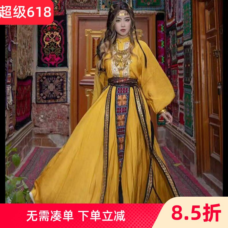 女新疆维吾尔族少数民族异域风情西域姜黄色马甲飘逸长裙套装公主