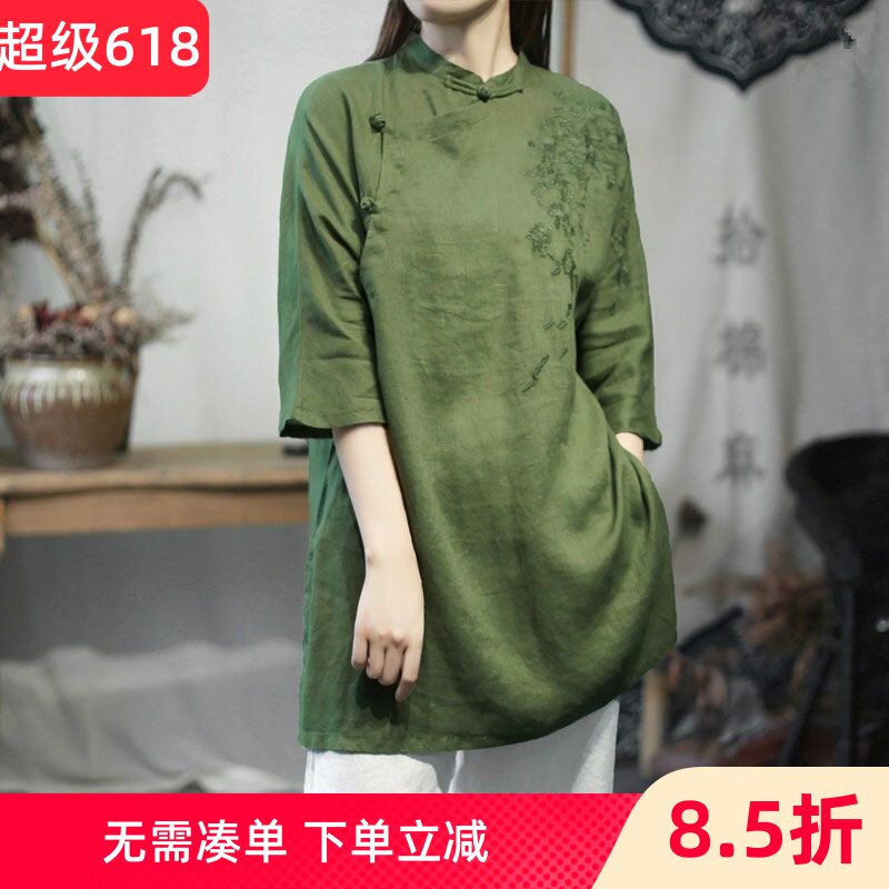 夏装中长款棉麻唐装上衣刺绣女装棉麻茶服中式盘扣改良汉服