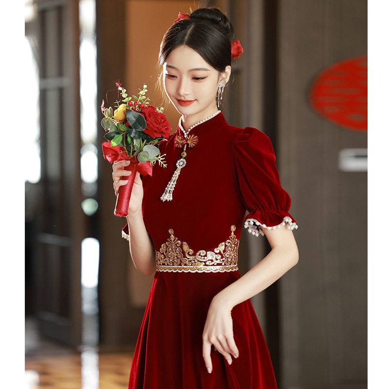 旗袍敬酒服新娘酒红色订婚礼服连衣裙中式回门便装结婚盘扣公主袖图片