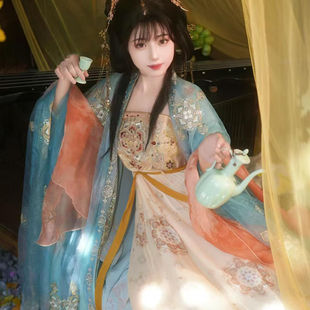 汉服女一片式齐腰襦裙破烂裙唐制大袖衫超仙中国风长裙古典表演服