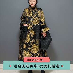 新中式洋气外贸出口黑金提花连衣裙廓形复古宽松长款大码欧洲站