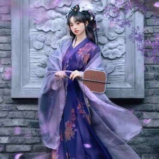 直裾汉服国风交领古装新款紫色古风外披套装大袖衫诃子裙魏晋战国
