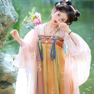 女汉服古风印花一片式齐胸襦裙国风小个子日常春夏秋柿子色小郡主