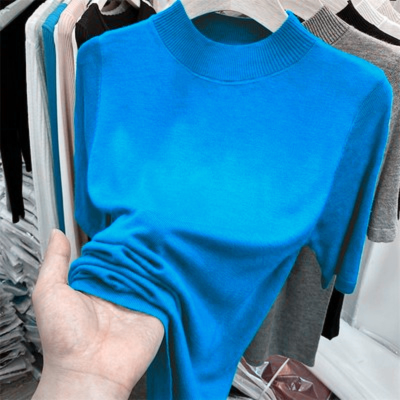 欧艺枚针织半高领打底衫五分袖