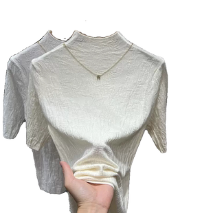 打底衫女秋冬羊绒肌理洋气半高领中袖针织衫女修身内搭五分袖上衣