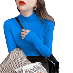 秋冬半高领长袖针织打底衫女装春装上衣欧货大码气质修身内搭毛衣