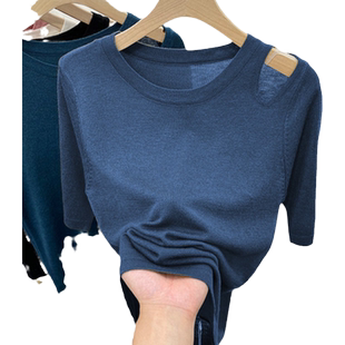 镂空露肩短袖上衣女款洋气圆领T恤冰丝针织衫宽松薄款打底衫