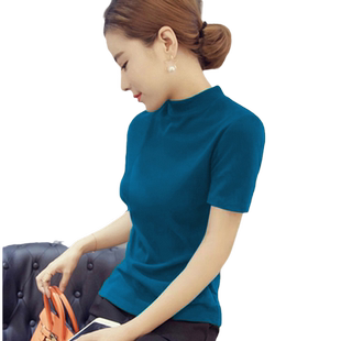 冰丝针织衫女薄款T恤夏2026新款修身半高领短袖打底衫女蓝色上衣