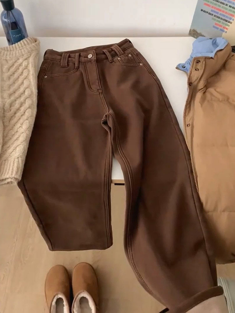 MAILLARD 레트로 플러스 벨벳 두꺼운 갈색 바지 여성 가을 겨울 새로운 하이 웨이스트 루즈 스트레이트 와이드 레그 청바지 유행