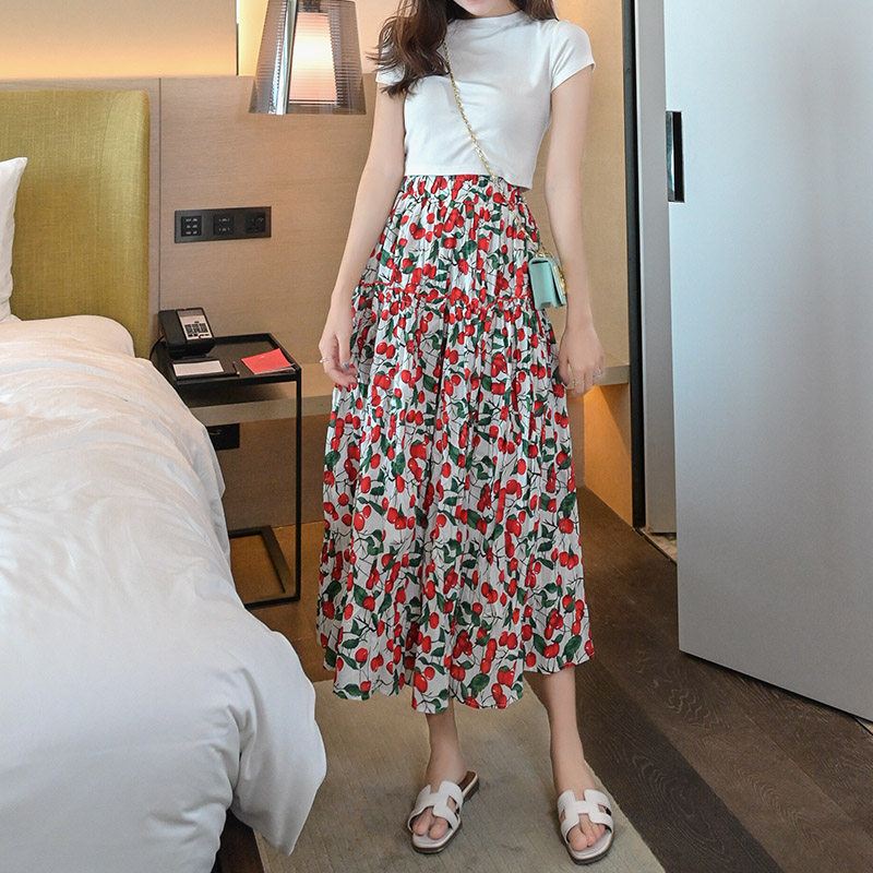 温格雅棉麻印花显瘦高腰樱桃半身裙2020夏新款中长款裙子女