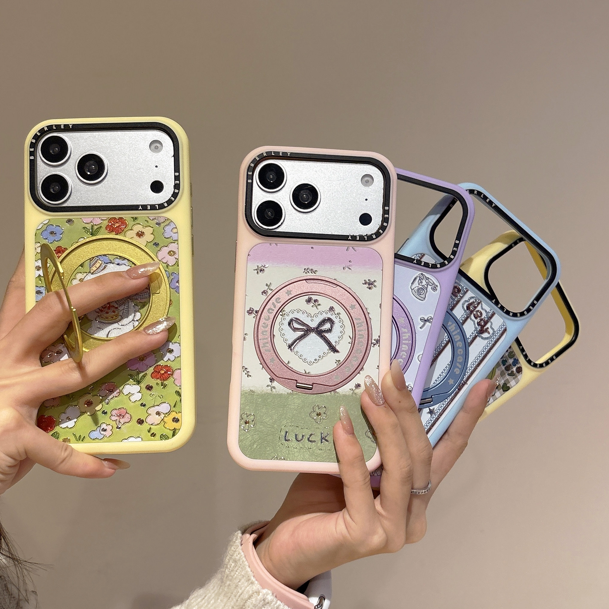 卡通可爱小熊小狗星星人蝴蝶结适用苹果17ProMax手机壳iPhone16/15女14Promax保护套13支点支架360旋转磁吸壳