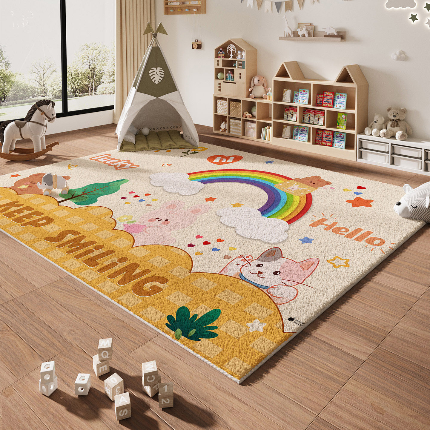 儿童房地毯婴儿爬行垫卡通动物彩虹图案长方形地垫可爱奶油风家用