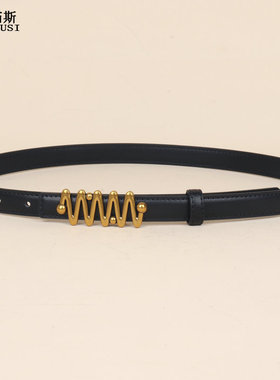 真皮腰带女窄款黑色金属装饰百搭装饰皮带女士高级感ins风设计感