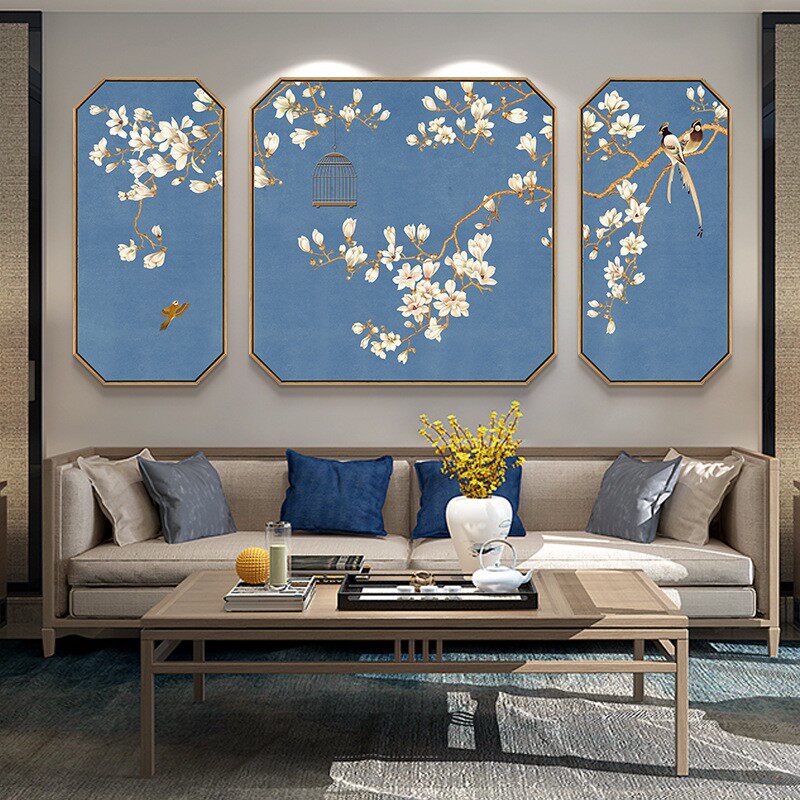 新品新中式客厅墙面装饰画花鸟三联工F笔画沙发背景墙挂画中国风