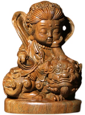 极速天然绿檀实木雕刻文殊菩萨摆件本命佛手Q把件家居摆件装饰品