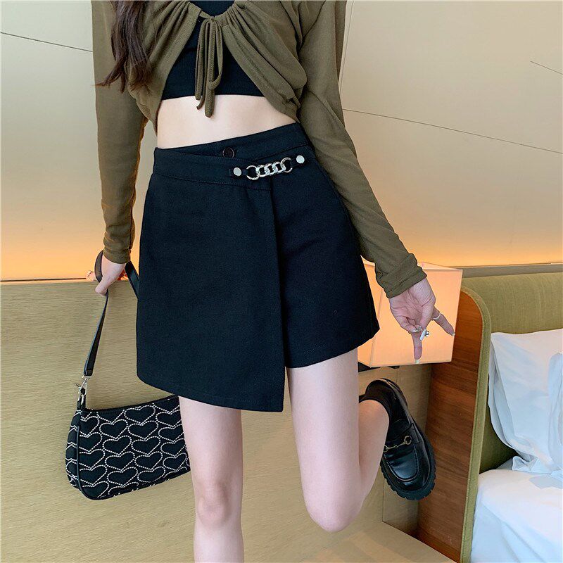 新品大码高腰不规则牛仔裙裤女秋季胖mm显瘦百O搭a字短裤阔腿裤子