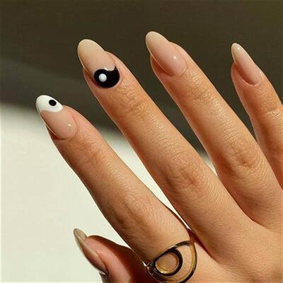 极速24pbcsbox Press On Nails Almond Tai Chi White and Black