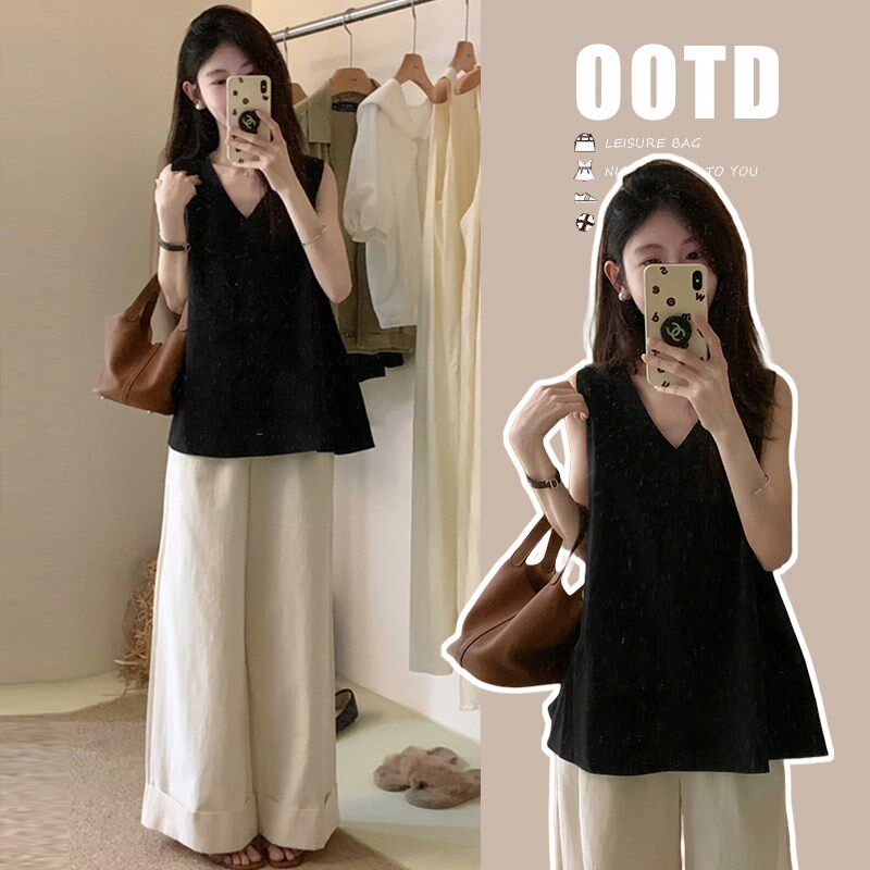 新品孕妇装夏季套装2025新款时尚宽松无袖背心Q娃娃衬衫上衣裤子