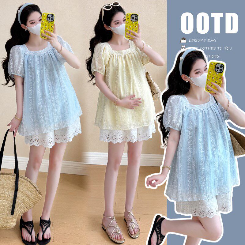 新品孕妇b装夏套装2025新款夏季宽松遮肚子方领上衣外穿蕾丝短裤