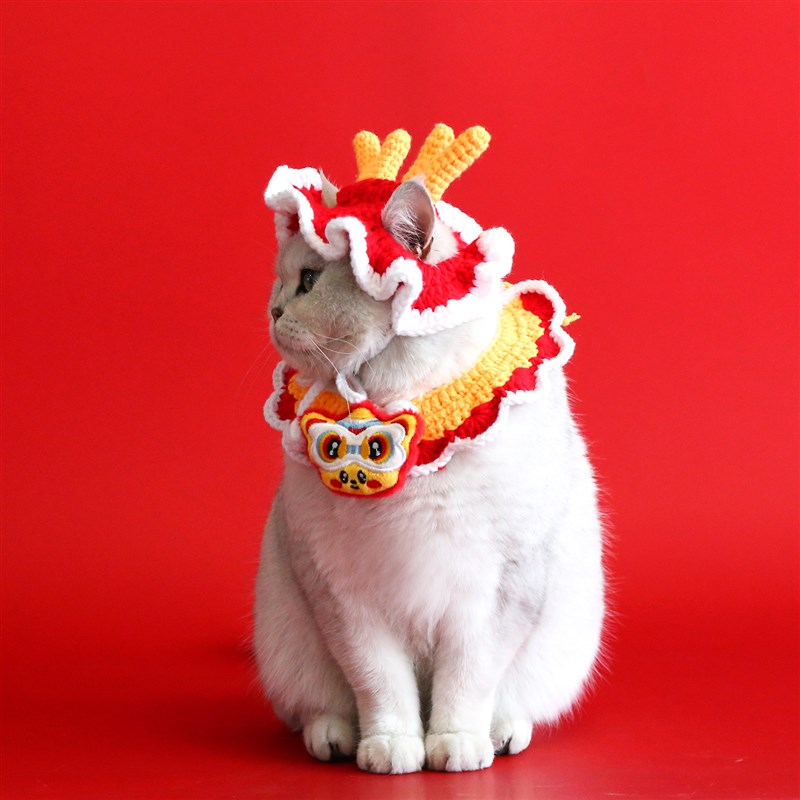 极速龙年手勾宠物毛线帽可爱新年针织围兜刺绣春节头X套猫咪小犬