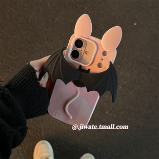 卡通立体黑蝙蝠翅膀猫耳朵适用苹果17promax手机壳iPhone16pro新款15可爱硅胶14软壳13全包17p防摔16创意女款