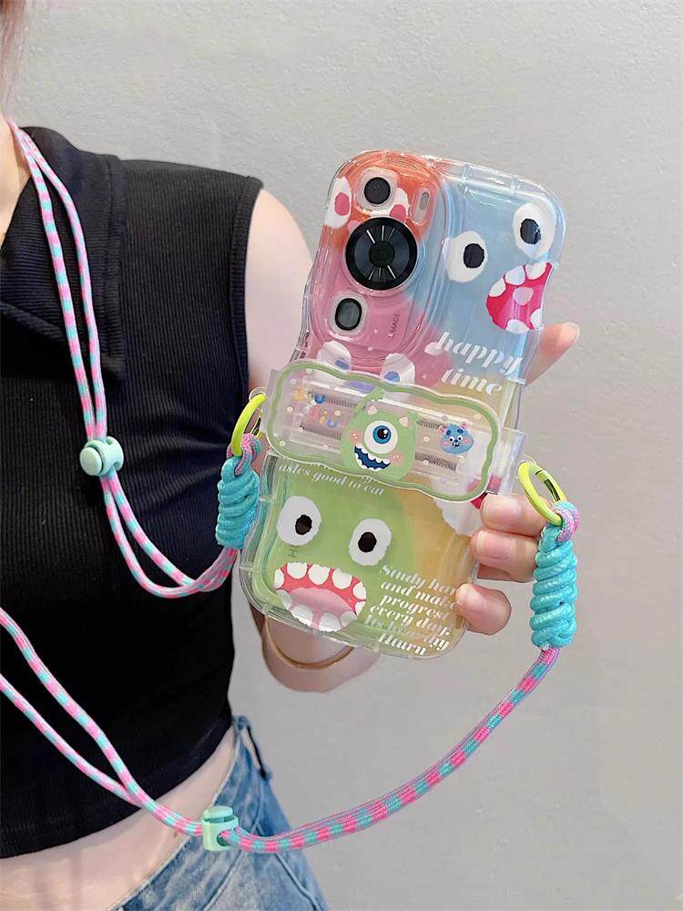 韩风支架适用iPhone14苹果13promax手机壳12卡通可爱彩色怪兽11斜挎背夹挂绳xs/XR少女款7/8plus防丢软硅胶套