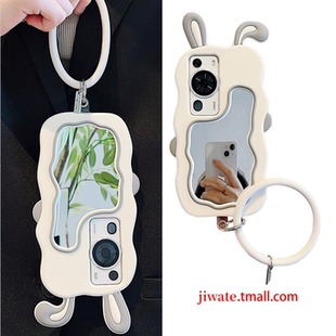 ins兔耳朵补妆镜子适用oppoReno10手机壳reno11女款reno9pro立体硅胶reno8/7/6可爱5k/4se波浪软套a58a93防摔