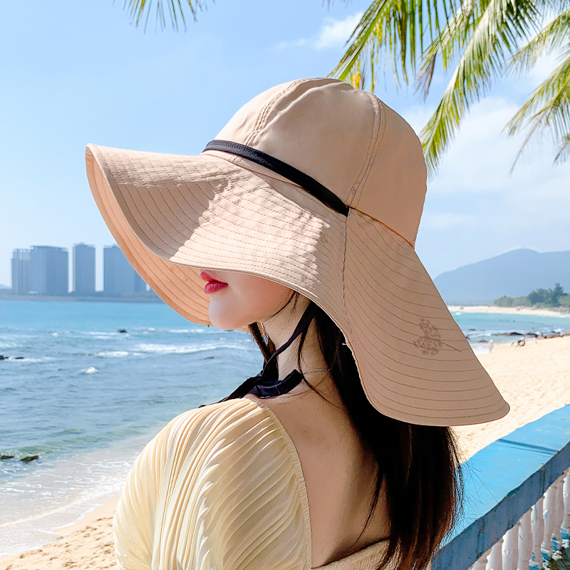 超大帽檐渔夫帽子女出游夏天遮脸防紫外线遮阳帽防晒可折叠太阳帽