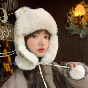 可爱小熊耳朵PU皮质保暖雷锋帽子女冬天加绒加厚护耳防风东北棉帽