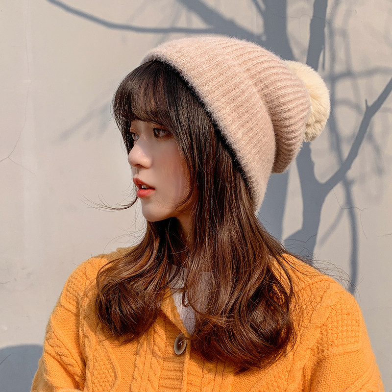 帽子女韩版潮冷帽加绒加厚保暖针织帽学生可爱冬季纯色毛球毛线帽