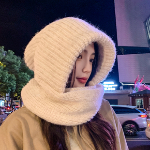 针织围巾一体保暖防寒帽子女冬天护耳加厚时尚百搭纯色毛线帽新款