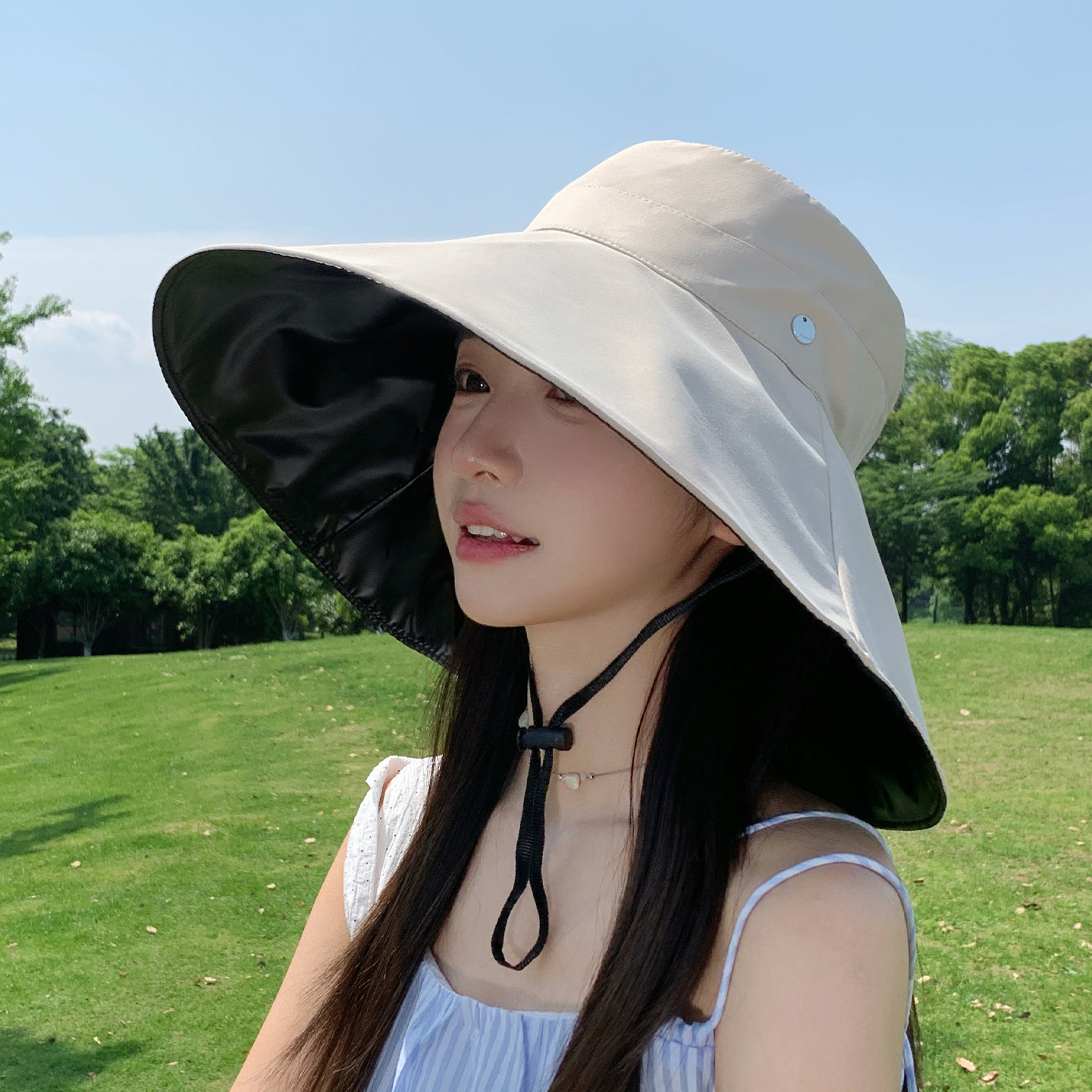 超大帽檐黑胶渔夫帽子女夏天环绕式防紫外线遮脸防晒帽户外遮阳帽