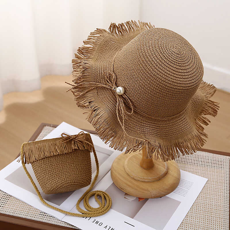 夏天女宝宝珍珠毛边粉色白色大檐渔夫帽防晒遮阳度假沙滩海边草帽