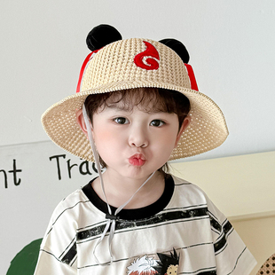 儿童渔夫帽夏季大檐防晒草帽男女童镂空哪吒帽子宝宝遮阳太阳帽子