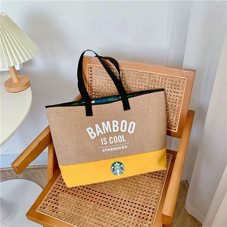 星巴克撞色黄麻编制托特包
