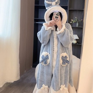 艾莎公主秋冬季 睡裙浴袍加厚珊瑚绒睡衣女加绒加厚浴袍艾莎公睡袍