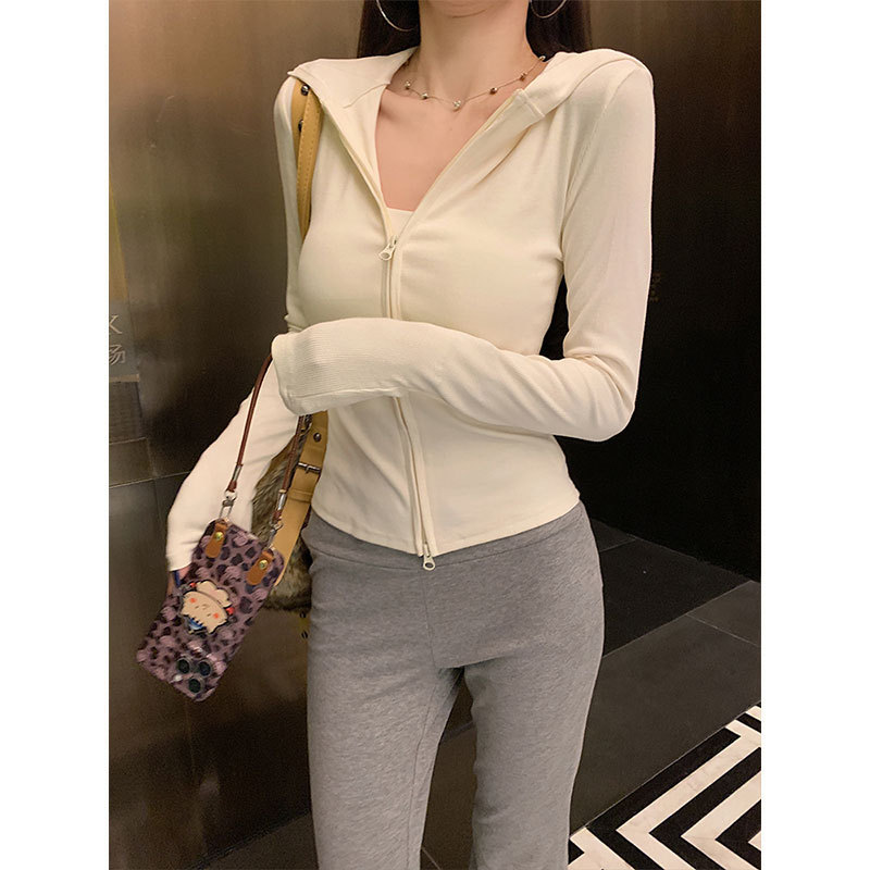 美式双拉链连帽卫衣外套女秋季新款修身显瘦百搭杏色长袖上衣