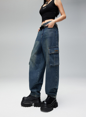 拓谷春装新款宽松直筒工装牛仔裤女设计感口袋灯笼裤老爹裤Q40544