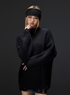 拓谷潮牌黑色坑纹毛衣女秋冬款慵懒宽松破洞中长款套头毛衫Q52746