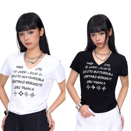 拓谷潮牌V领短袖女t恤夏季新款修身正肩短款上衣抽褶T恤X60734
