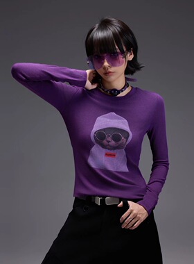 拓谷2025秋季新款猫猫印花圆领打底衫修身百搭长袖套头上衣Q52018