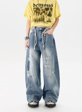 拓谷香蕉弯刀裤破洞牛仔裤女潮牌解构设计感宽松休闲阔腿裤C60008